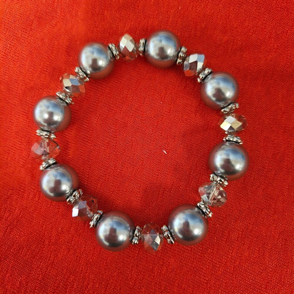Large Dark Silver Pearls and Crystal Beads Stretch Bracelet